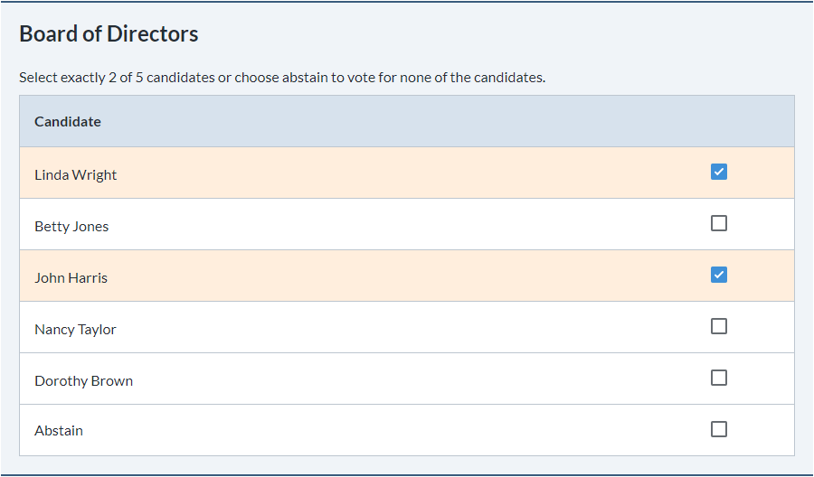 Board of Directors Elections candidate selection.