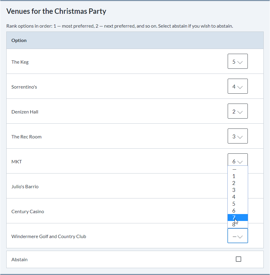 Preferential voting polls example