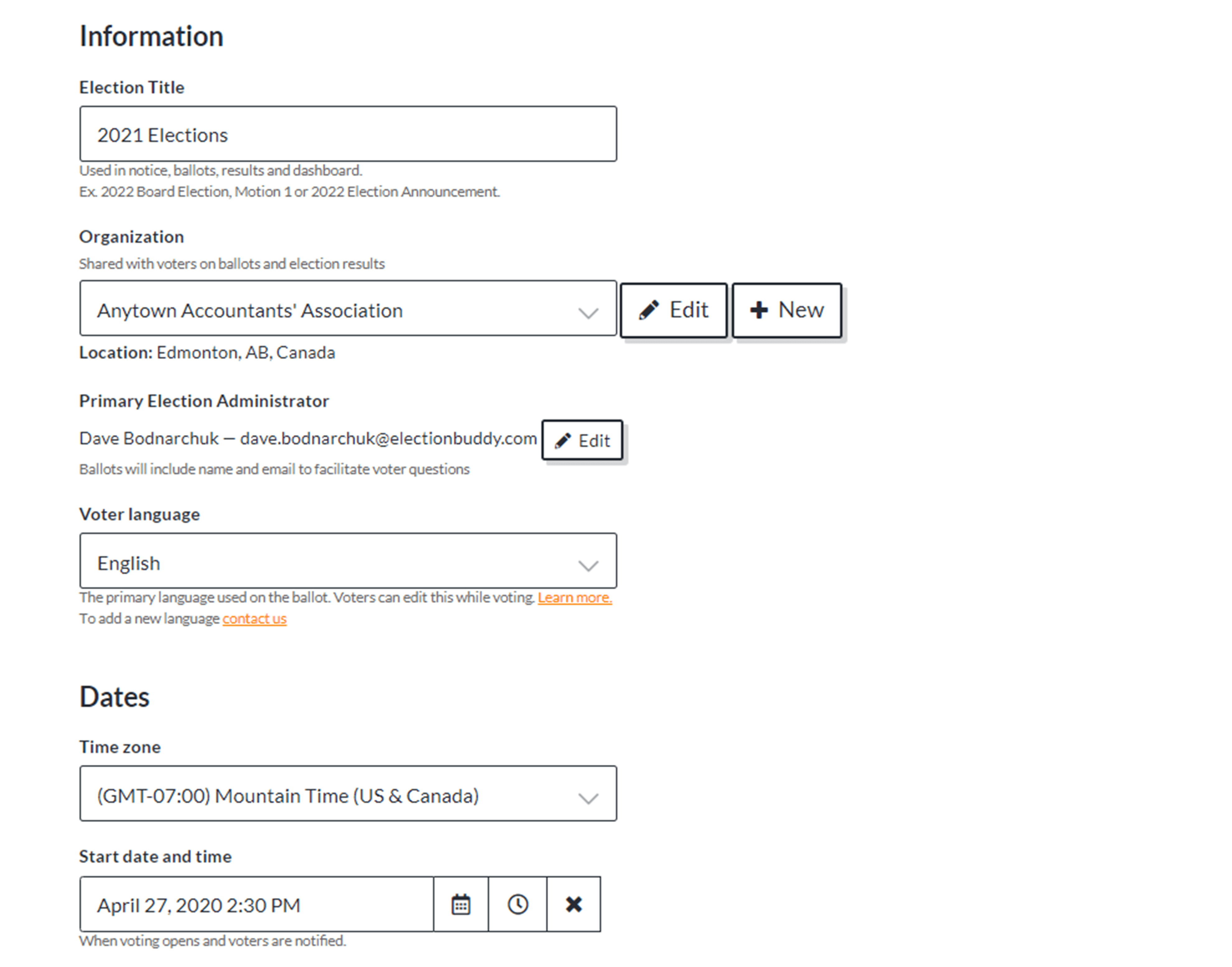 Screenshot of ElectionBuddy Setup Process – Step 1: add details, design ballot, add voters.
